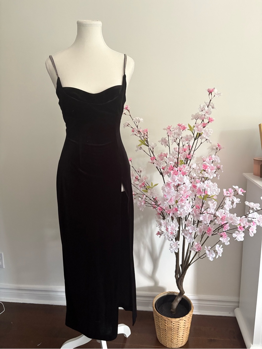 Zara Black Velvet Spaghetti Strap Midi Dress